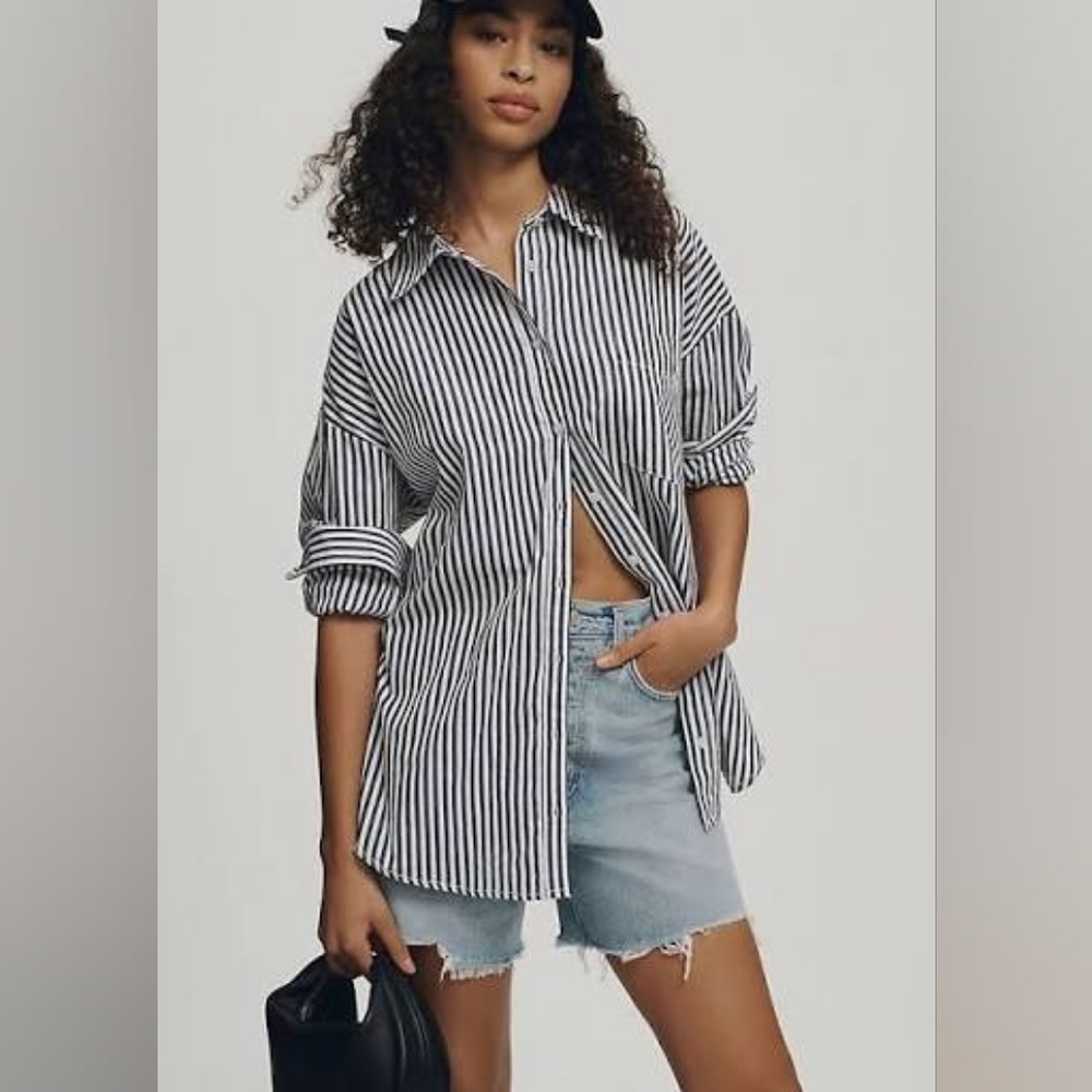 Anthropologie The Bennet Striped Magnetic Buttondown Shirt by Maeve Black White